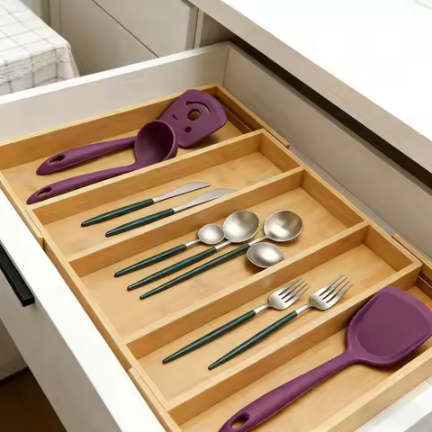 Adjustable bamboo drawer dividers5-7Cutlery storage box, kitchen silverware organizer, drawer storag