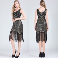 Women Party Dress 1920s Great Gatsby Flapper Dress V Neck Sleeveless Embellished Sequin Beaded Fring