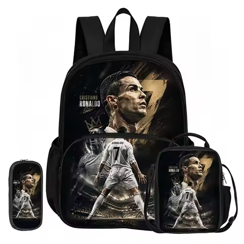 Learn, Travel Football Star School Bag Ronaldo 3 Pcs set with Front Pocket Backpack Lunch bag, Penci