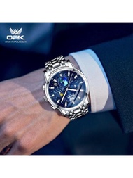 1只opk男士不鏽鋼手錶,原裝石英運動,時尚潮流,防水,夜光,計時器,月相和日期顯示