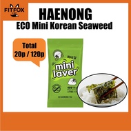 Haenong Eco Pack Mini Korean Seaweed Snack 1.8g x 20 or 120 Bags, Korean Laver Seasoned seaweed