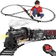 Train Set with Remote Control,Electric Train Track Around Christmas Tree W/Cargo Vehicle,Light &amp; Sounds,Alloy Steam Locomotive Engine Train Toy Gift for Boys Girls 4 5 6 7 8 9 10