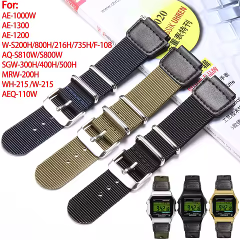 18mm Nylon Watch Strap for Casio W800H F91W Black Green Bracelet F84 F105/108/A158/168 AE1200/1300 W