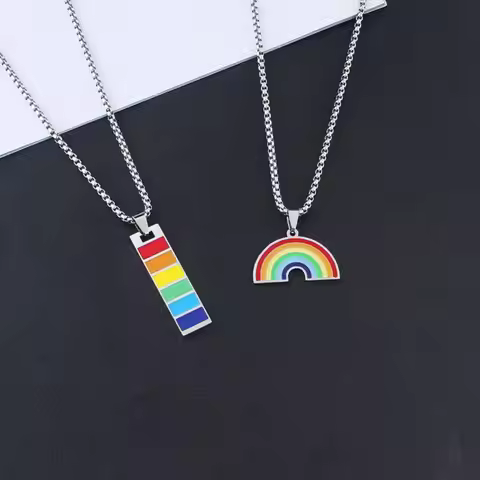 Rectangular Bar LGBT Rainbow Pendant Necklace for Lesbian Gay Stainless Steel Jewelry Gift