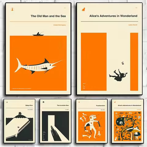 Classic Book Cover Moby-Dick Alice in Wonderland Minimalist Poster Print Canvas Painting Wall Art Pi