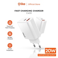 20W OLIKE C400 PD Charger Adapter Dual Port USB + Type C Fast Charging QC 3.0 Charger Adapter