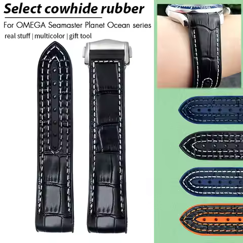 19mm 20mm 21mm 22mm Rubber Leather Watchband for Omega Seamaster 300 Planet Ocean 600 Speedmaster Fo