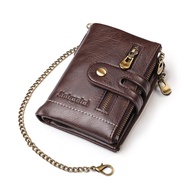 Vintage Genuine Leather Wallet For Men Fashion Chain Coin Purse Male Multiple Card Holders Double Zipper Money Wallet