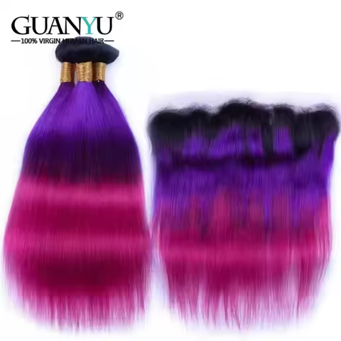 #T1B/Purple/Rose Red Colored Straight Ombre Bundles with Frontal Remy Human Hair 3 Bundles with Lace
