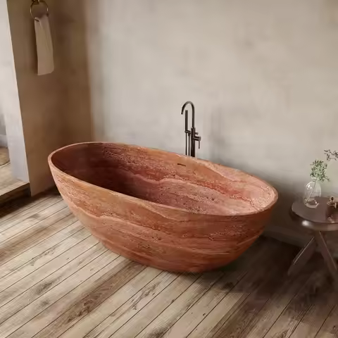 1.8m Red Travertine Bathtub, Thin-Rim Oval Soaking Tub for Two, Heat-Retaining & Easy-Clean Freestan