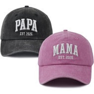 2pcs Mama and Papa Est 2026 Baseball Cap for Women Men, 3D Embroidered Adjustable Cotton Dad Hat