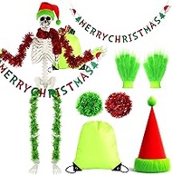 9pcs 12 ft Christmas Skeleton Santa Costume Accessories with 45 Inch Giant Hat and Garland, Gloves a