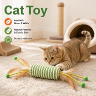 Green White Striped Feather Rope Cat Toy Interactive Rolling Wand Play Relief Boredom Pet Self K0E0