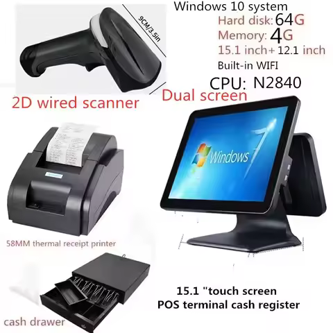 A Complete Set of Cash Register Equipment Thermal Printer Scanner Cash Drawer Touch Cash Register 15