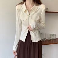 Spring women's double-zipper long-sleeved top with folding collar and slim fit