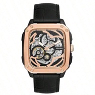 Inscription Automatic Skeleton Rose Gold Dial Black Leather Strap Watch For Men BQ2572