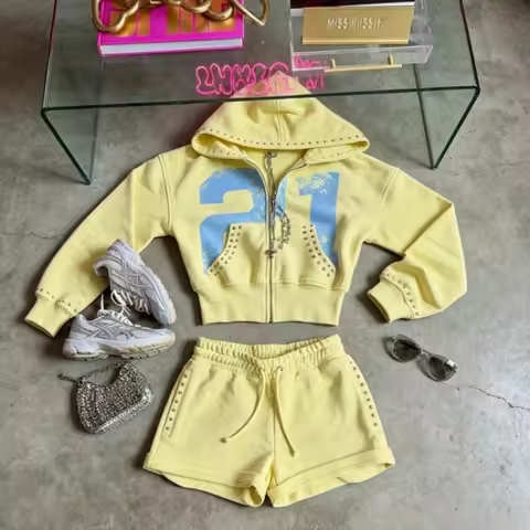 2 Pcs Sweatshirt Co-ords 21 Print Pattern Yellow Mellow Athletic Set Rivet Sweatset New Y2K Retro Ho