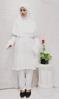 baju stelan cewek ihrom haji umroh wanita bahan katun paris full set motif bordir semua
