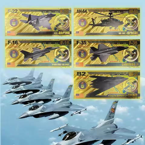 5pcs/set US Fighter Plane Golden Banknotes American F-16 B2 F22 Ah-64 F-35 Battle-Plane Collectible 