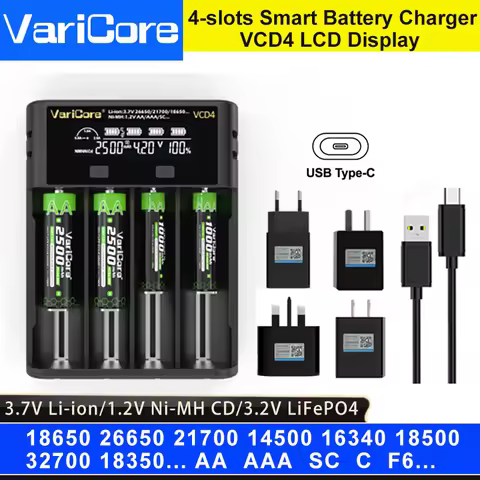 VariCore VCD4 4-slots Smart Rechargeable Battery Charger for 3.7V Li-ion 18650 21700 26650 3.2V LiFe