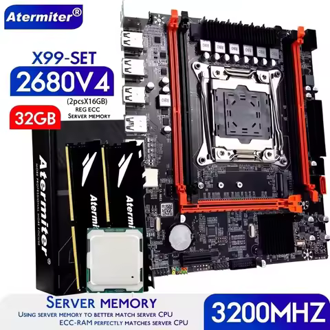 Atermiter X99 D4 Motherboard Set with Xeon LGA2011-3 CPU 2680 V4 32GB (2pcs * 16GB) 3200MHz DDR4 REG