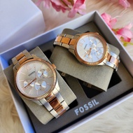 Original Fossil Rye His and Her Multifunction Two-Tone Rose Gold Silver Stainless Steel Set Watch BQ3761 With 1 Year Warranty For Mechanism