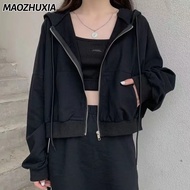 MAOZHUXIA เสื้อ ฮู้ด เสื้อคาร์ดิแกนเกาหลี เสื้อโค้ทสั้นสำหรับผู้หญิง เนื้อผ้านุ่มนิ่ม เสื้อกันหนาวมี