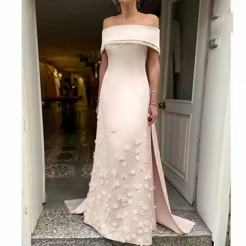 Classy Mother of the Bride Dresses Crepe Fabric Column Prom Dresses Pink Off-the-shoulder Pearls App