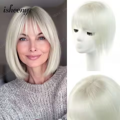 isheeny 5x9cm Human Hair Toppers for Women Thin Clip-In Topper with 3D 360° Coverage Air Bangs Fring