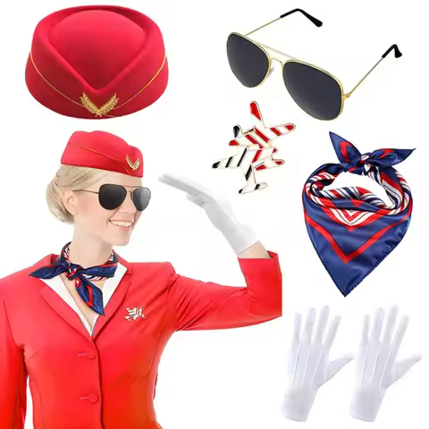 Gloves Scarf Flight Attendant Clothing Dress Up Role Play Women's Stewardess Costume Brooch Classy A
