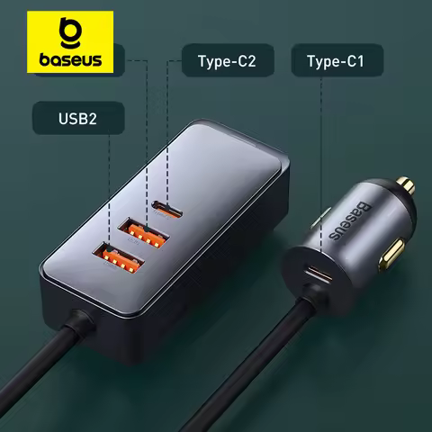 Baseus 120W Car Charger 4-Port 1.5m Extension Wire PD27W QC3.0 USB C Fast Charging For iPhone 13 14P