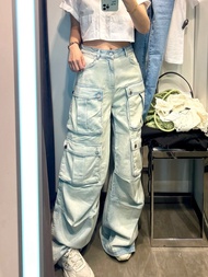Plus Size Retro Street Sexy Multi-Pocket Cargo Pants Women's Autumn Niche Design Washed Wide-Leg Jeans Tide