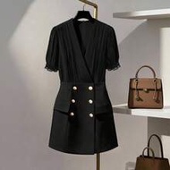 Plus Size V-Neck Ruched Waist Elegant Blazer Dress For Women,Black And Gold Lantern Sleeve Suit Dres