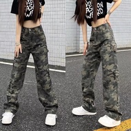 Soroh Women's Long Pants Straight Cut Army Camouflage Pattern Green High-Waisted Korean Style Mechan