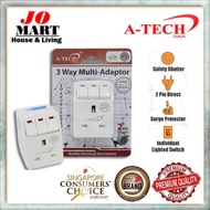 A TECH™(JAPAN)-3 WAY MULTI ADAPTOR W/SURGE PROTECTOR | INDIVIDUAL NEON-LIGHTED SWITCH | 2 PIN ROUND 