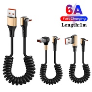 90° Spring 6A USB To Type C Telescopic Cable Spring Super Fast Charging Mobile Phone Car Motorcycle 