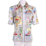 愛馬仕 (HERMES) 復古 Mont Saint Michel 印花短袖襯衫，100% 真絲，多色，尺寸 38，法國製造，女款，狀態極佳。