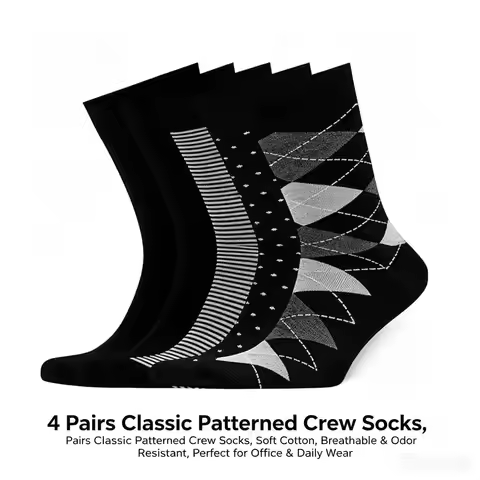 4 Pairs Men's Classic Argyle Striped Crew Socks Breathable Cotton Business Casual Socks for Office