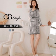 OB DESIGN ★ LINGGE PRINTED CONTRAST COLOR BUTTONS KNIT DRESS ★ 2 COLOR ★ M-XXL SIZE ★ PLUS SIZE