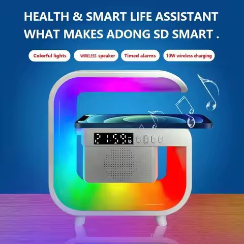 New Wireless Charger Stand Bluetooth Speaker Sound Alarm Clock RGB Ambient Light for iPhone Samsung 