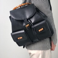 【日本直送 名牌中古包】GUCCI 古馳 後背包 黑色 竹節 皮革 雙肩包 前釦 vintage 古著 i34ihz