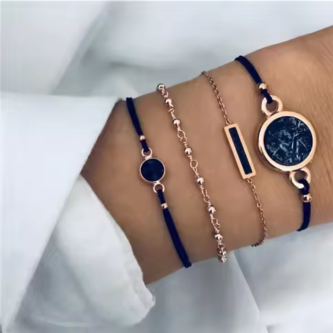 Modyle 4 pcs/set Bohemia Rose Gold Color Black Stone Bracelet Set Fashion Summer Beach Bangle Weddin