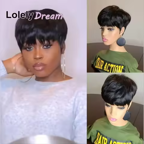 Lolely Dream Short human Hair Wigs Pixie Cuts Straight Black Ladies human hair wigs for women Brazil