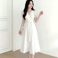 white v neck midi fitted dress for civil wedding fit formal dress for woman elegant for graduation m