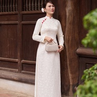 Áo dài truyền thống nữ LAVENDER màu trắng vải gấm in hoa tay dài cổ lé đỏ đính cúc bọc cực xinh xắn