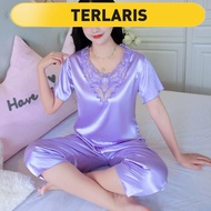 🎁Ready Stock🎁 baju tidur dewasa pyjamas satin baju tidur satin Piyama Sutera Ais Saiz Besar Musim Panas Wanita Tidak Lut Sinar Bahan Kain Sutera Lengan Pendek Musim Panas Mewah Dua Helai Pakaian Rumah