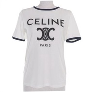 CELINE 2X872671Q 100%純棉，Hedi CELINE PARIS Triomphe 標誌印花圓領短袖T卹，白色，XS碼，正品，法國製造，女款，成色極佳。