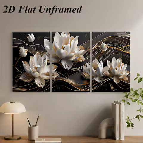 1 set of modern minimalist style triple frameless decorative paintings with golden lines and lotus f