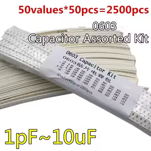 2500PCS/Set 1P~10UF SMD 0603 Capacitor Assortment Kit, 50 values capacitors pack 5.6PF 6.8PF 8.2PF 1