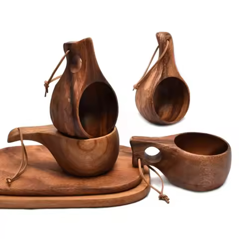 Finland Kuksa Portable Coffee Mug Acacia-Wood Handle Cowhide Rope Hook Juice Milk Cup Coffee Drinkin
